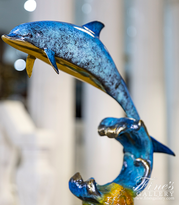 Bronze Statues  - Dolphin Riding Wave In Brilliant Blue Bronze - BS-1722